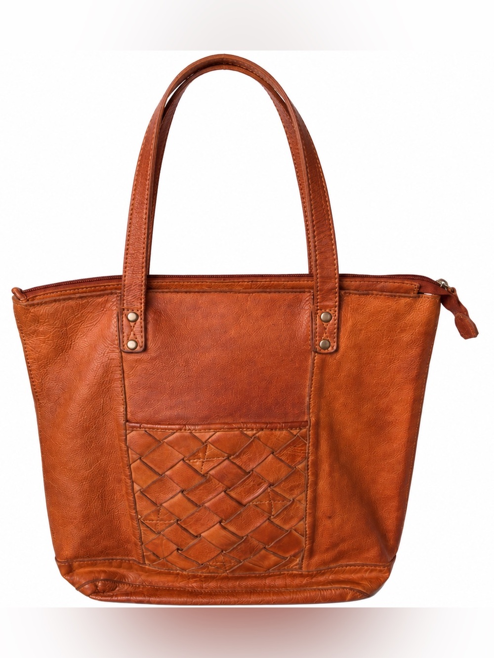 Classic Woven Pocket Tote - Tan Leather